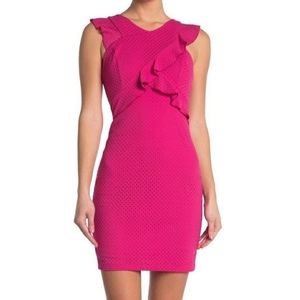 Guess Hot Pink Sheath Dress Size 10 Ruffle Front Laser Cut Barbie Stretch Modern